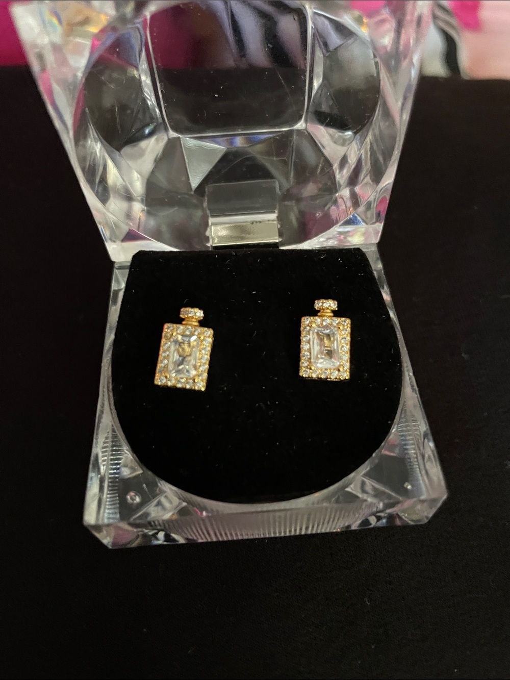 Gold and Clear Crystal Rectangle Stud Earrings - Women's Jewelry